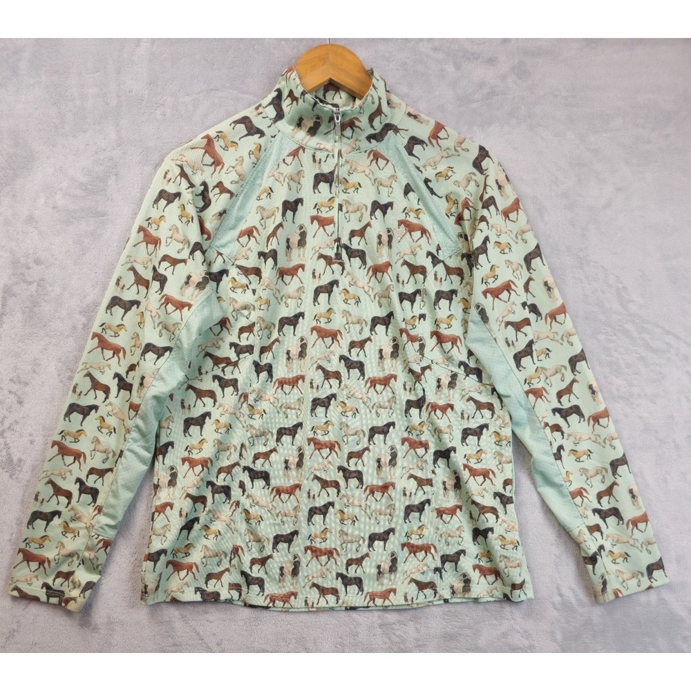 Ariat AriatTEK 1/4 Zip Pullover Womens Large Green Horse Print Equestrian Riding